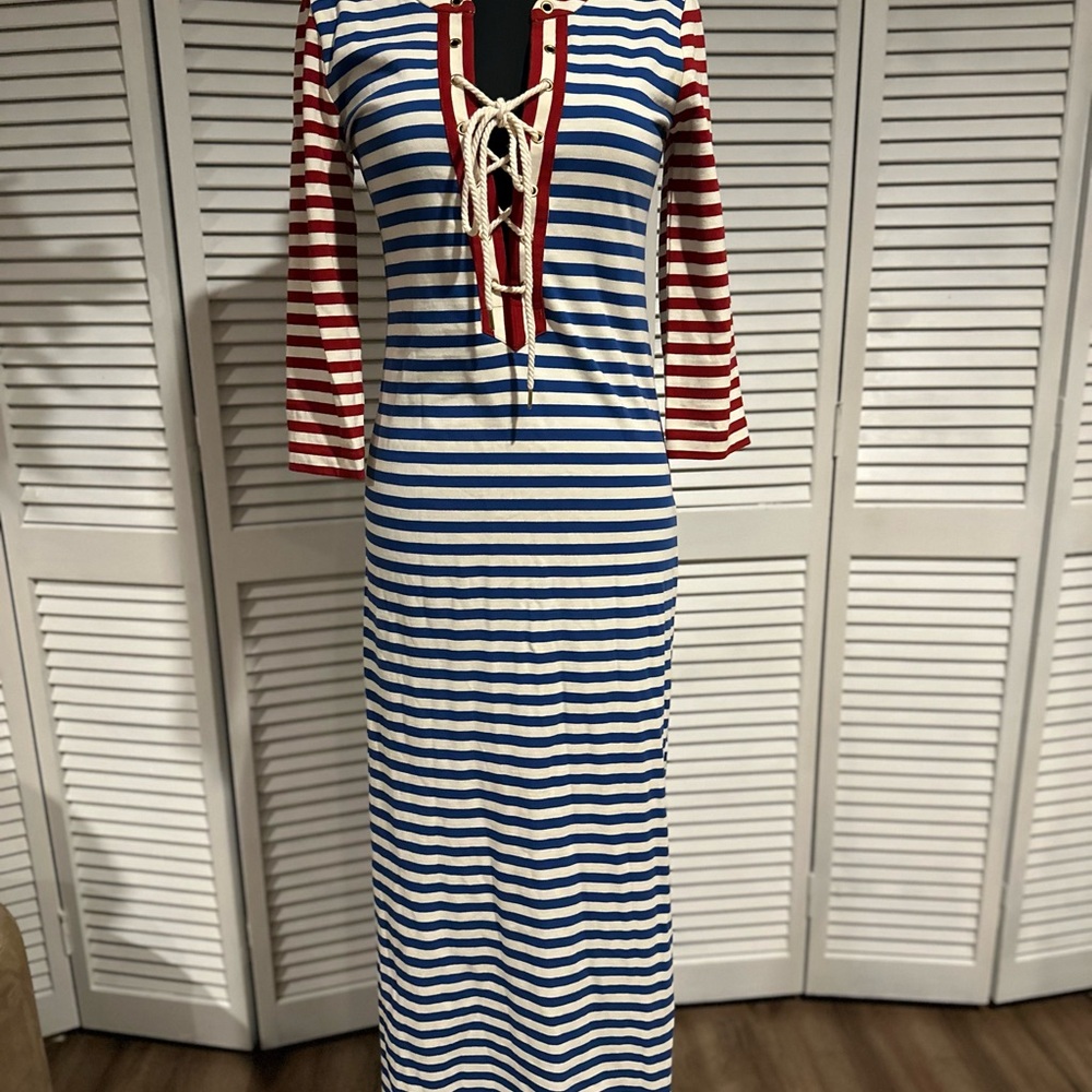 J. Crew Blue and White Striped Dress with Red Accents
